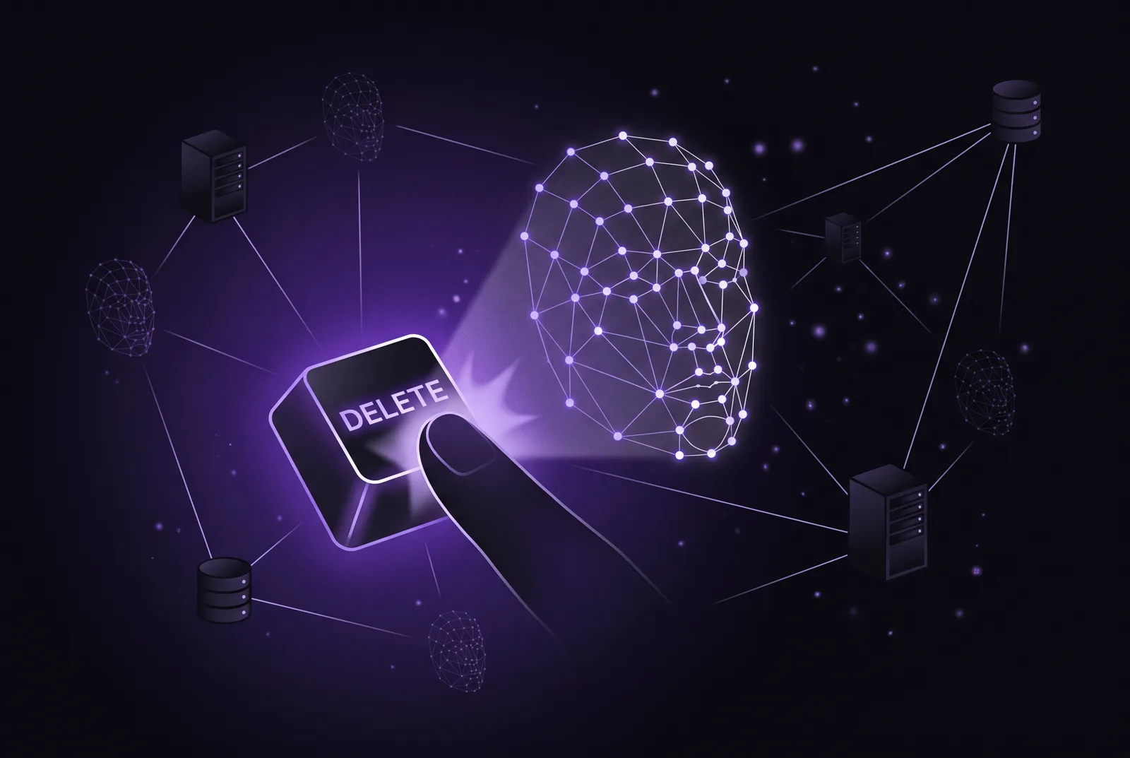 A finger presses a glowing Delete key, but an anonymous wireframe face and its many copies remain, scattered across connected database servers in the dark.