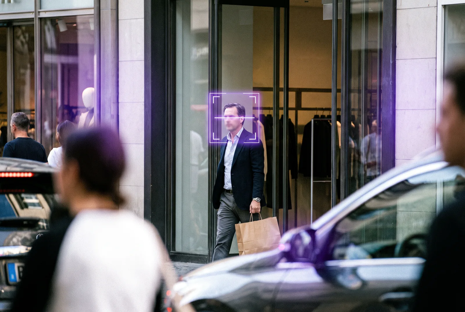 A person leaving an upscale boutique on a daytime street carrying a shopping bag, photographed from across the street, their face framed by a violet facial-recognition detection box with a scan line.