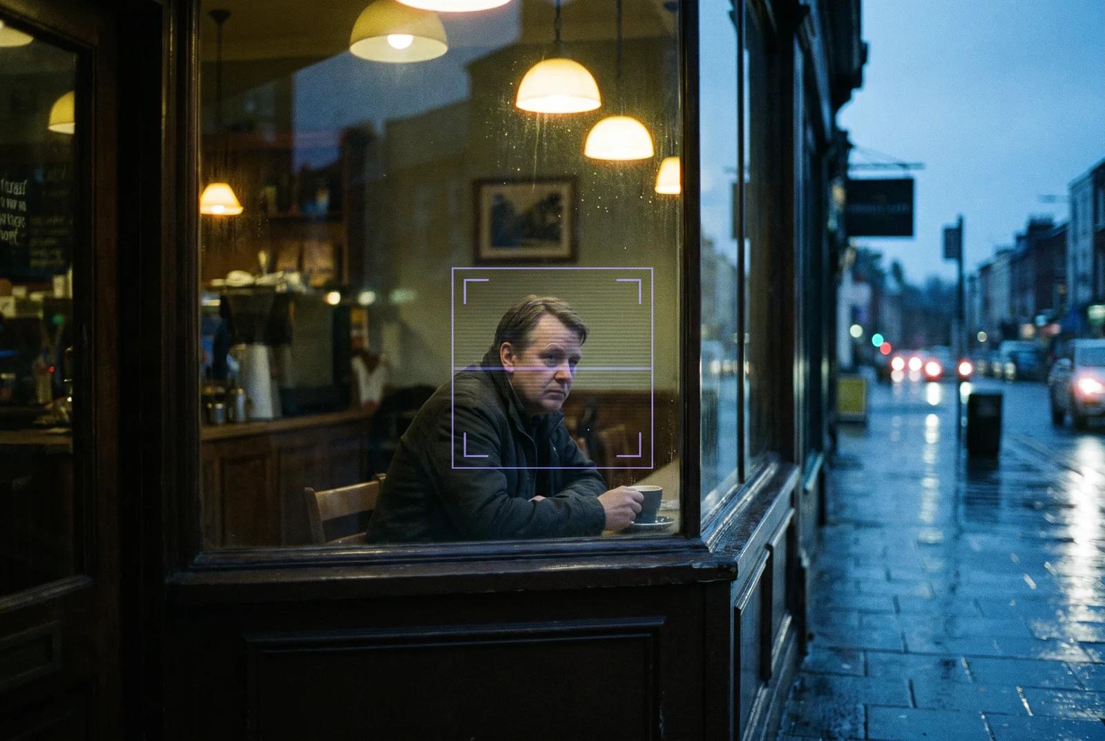 A person sitting alone at a coffee-shop window at dusk, seen from outside through the glass, their face quietly framed by a violet facial-recognition detection box.