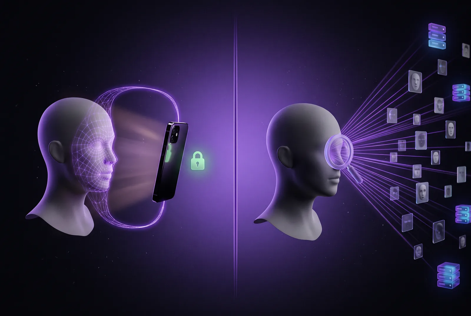 Split illustration. On the left, a 3D head faces a phone with a contained facial-scan mesh that loops back into the phone, beside a glowing green padlock. On the right, the same head projects search rays outward from a magnifier eye to dozens of floating face tiles and server racks.