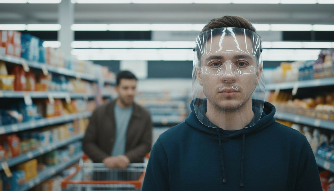 A person wearing a clear anti-facial-recognition face shield in a supermarket dairy aisle, holding a carton of milk, while another shopper gives a confused look.