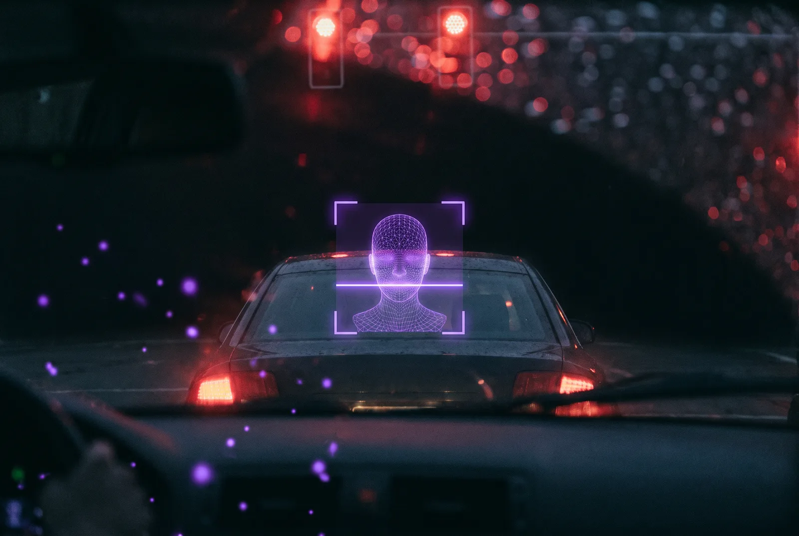 A view through a car windshield at a stoplight where the driver's face is being scanned by a violet facial-recognition box and scan line, with a red stoplight glow.