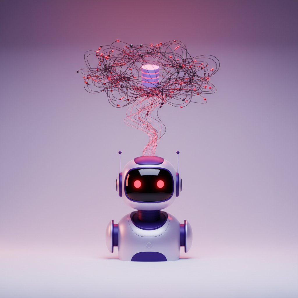 A robot with red glowing eyes leaking red data upward into a tangled web of broker network nodes and a floating database.