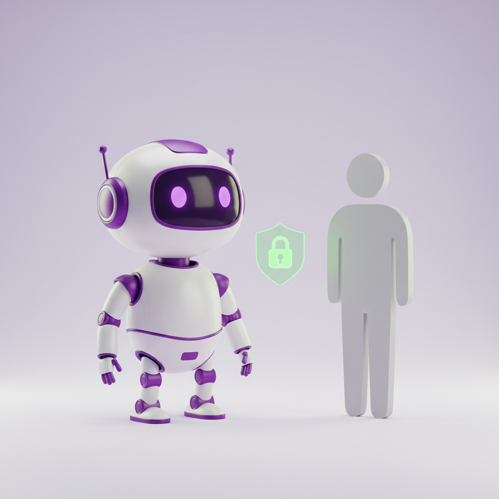 A friendly home robot recognizing its owner, with a glowing green padlock shield showing the faceprint stays encrypted on the device.