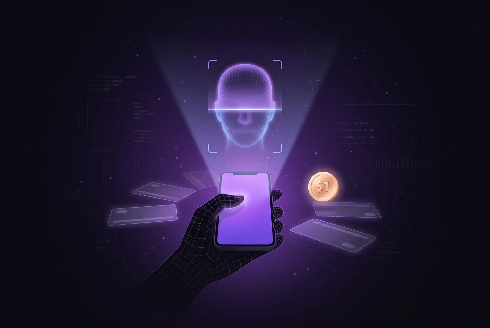 A hand holds a phone that beams a scan onto an anonymous wireframe face inside a detection box, next to a single glowing coin marked $1.