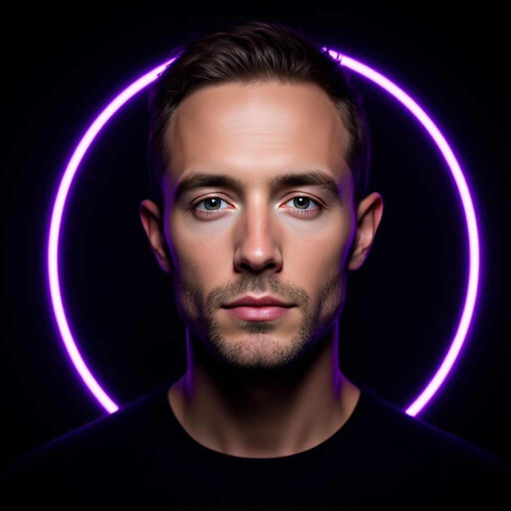 A studio portrait photo of a person inside a glowing ring.