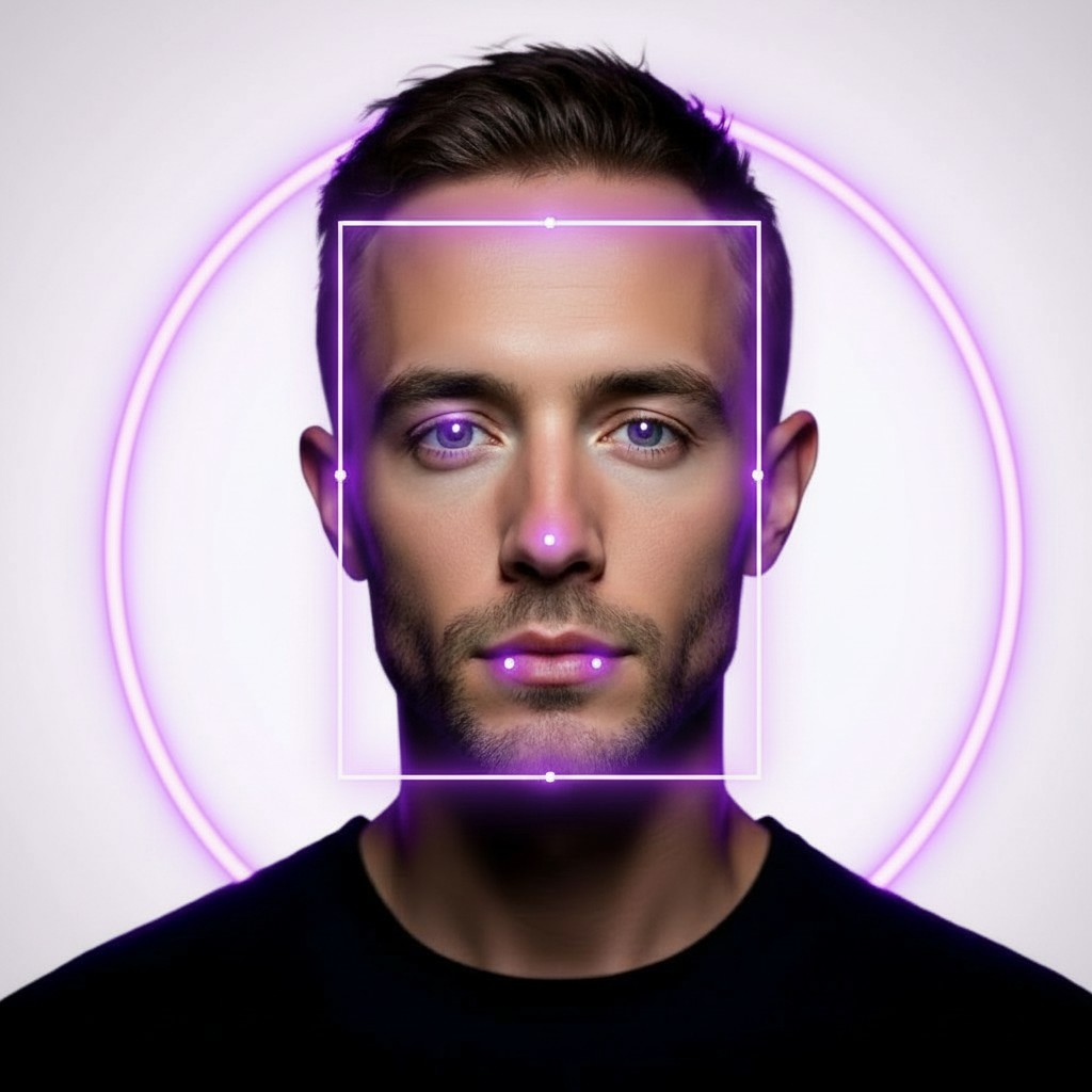 The same face with a purple detection box and landmark dots on the eyes, nose and mouth.