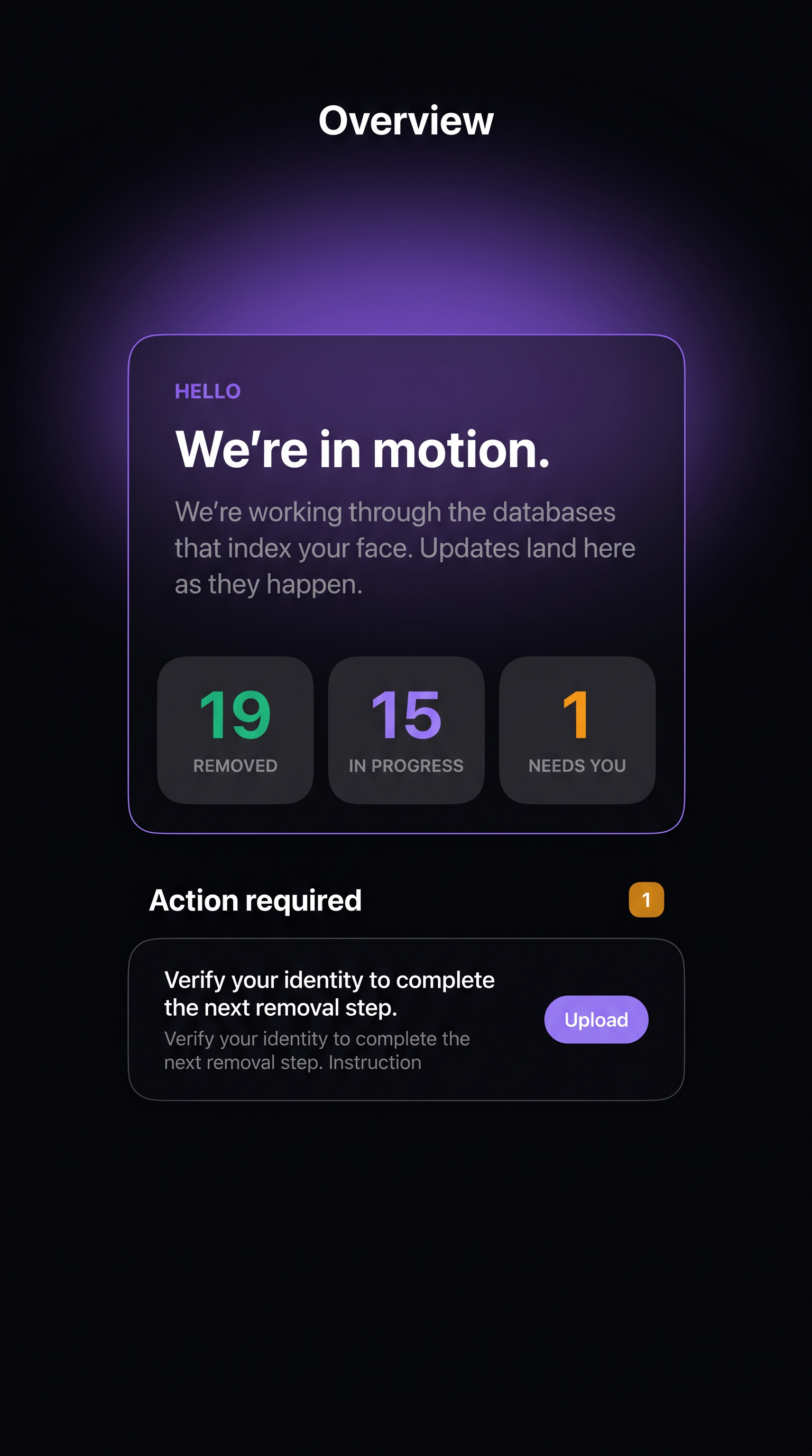 FacePrivacy iOS app — Overview screen